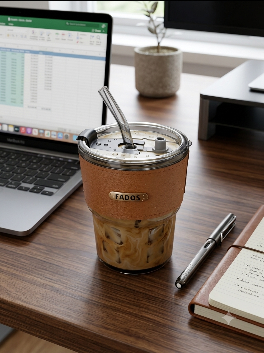 FADOS Premium Glass Mug with Leather Sleeve – Elegant, Reusable & Stylish