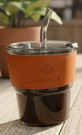 FADOS Premium Glass Mug with Leather Sleeve – Elegant, Reusable & Stylish
