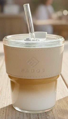 FADOS Premium Glass Mug with Leather Sleeve – Elegant, Reusable & Stylish