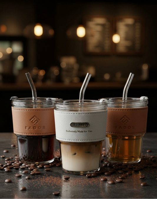FADOS Premium Glass Mug with Leather Sleeve – Elegant, Reusable & Stylish