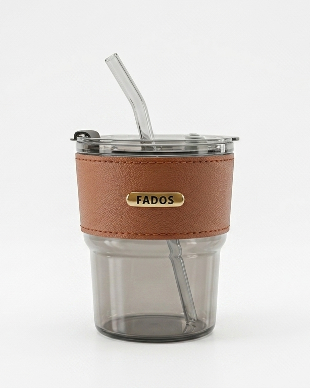 FADOS Premium Glass Mug with Leather Sleeve – Elegant, Reusable & Stylish