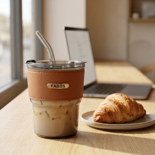 FADOS Premium Glass Mug with Leather Sleeve – Elegant, Reusable & Stylish