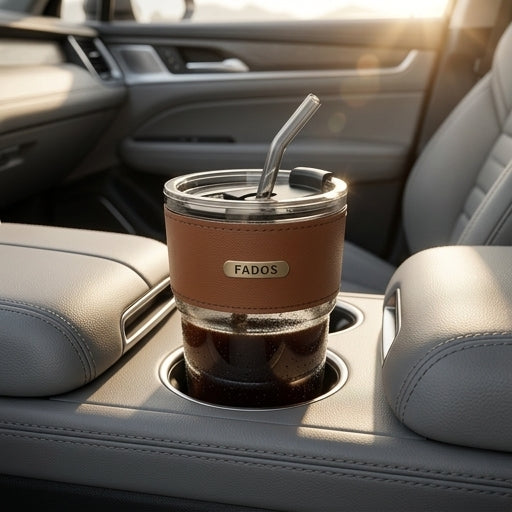 FADOS Premium Glass Mug with Leather Sleeve – Elegant, Reusable & Stylish